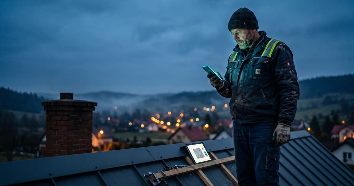 Polski dekarz w roboczej kurtce z trim hi-vis na dachu z blachy na rąbek — blue hour, smartphone z podświetloną wyceną, tablet oparty o krokiew, mgliste światła podkarpackiego miasteczka w tle.