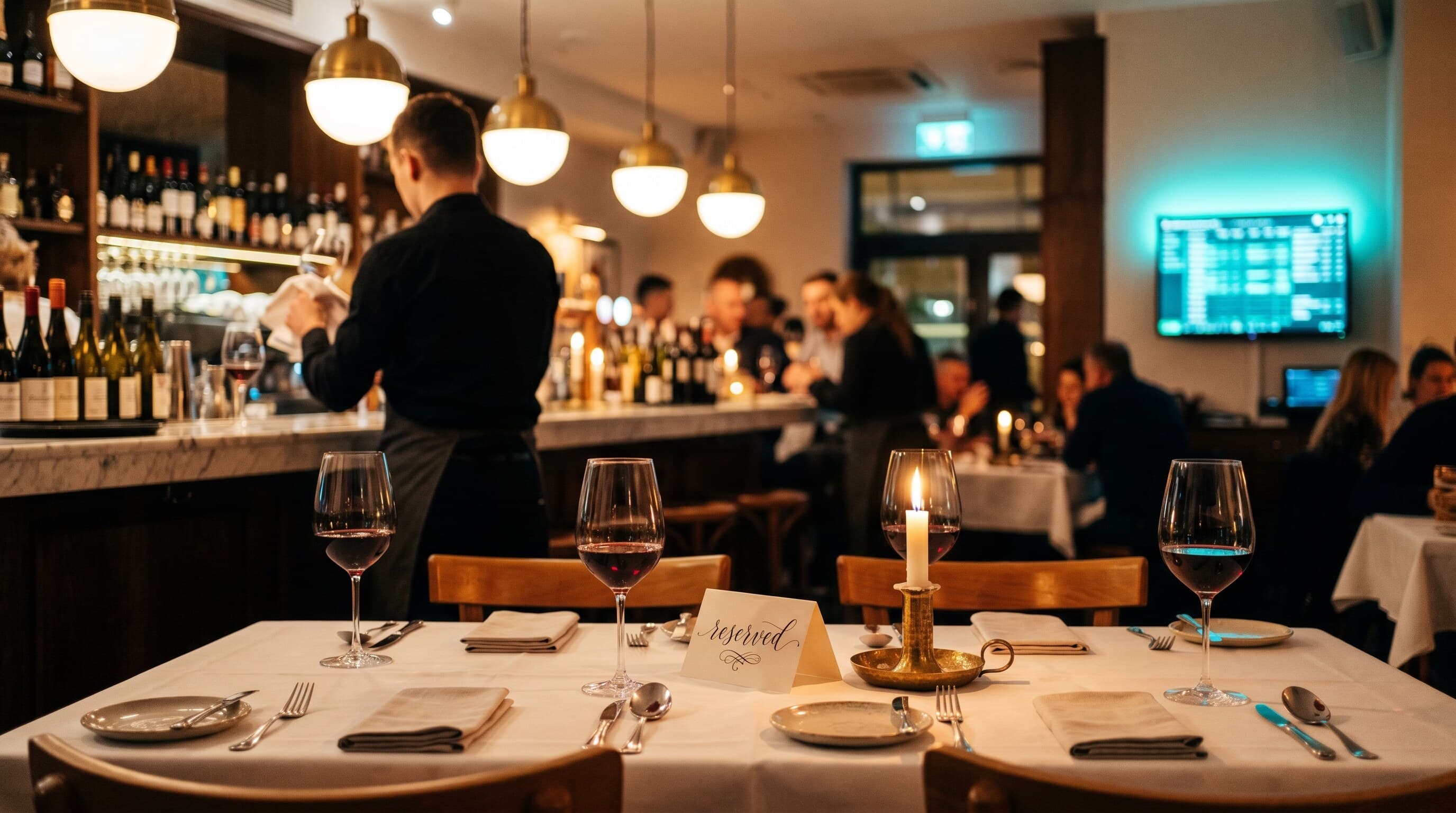 Piątkowy wieczór w polskiej restauracji — pusty zarezerwowany stolik czteroosobowy z winem i świecą na pierwszym planie, kelner w bokeh przy barze, ciepłe światło pendantowych lamp, cyan glow z systemu rezerwacji w tle.